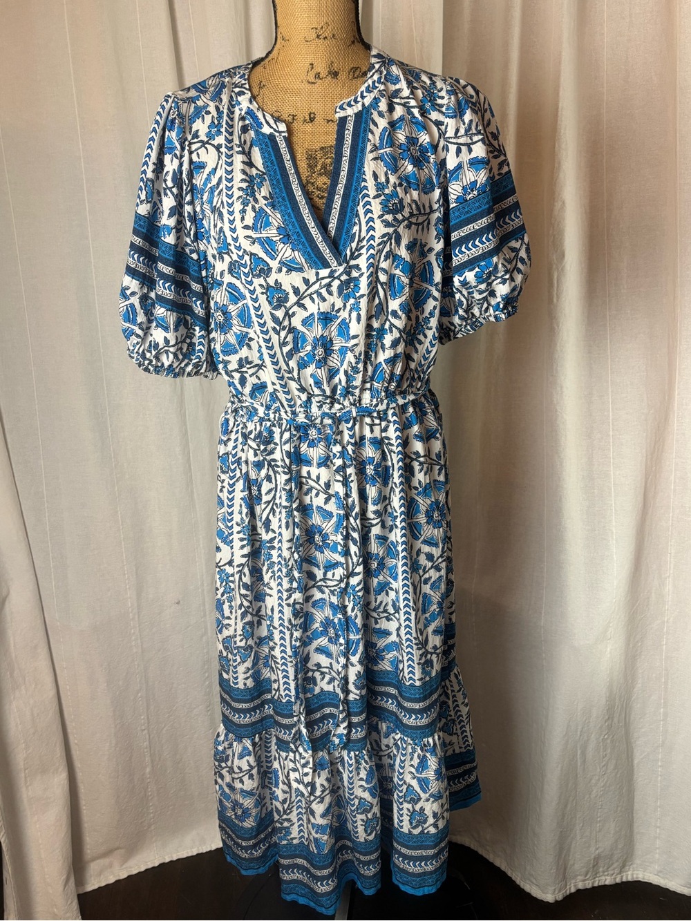 Fig & Flower Women’s Boho Peasant Dress XLP Petite Ruffle Hem Blue White W/Belt